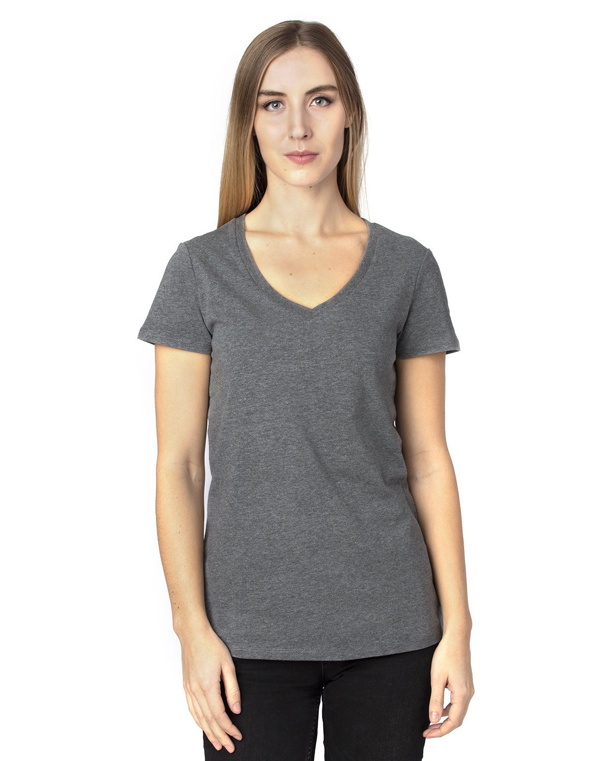 Threadfast Ladies' Ultimate V-Neck T-Shirt CHARCOAL HEATHER 