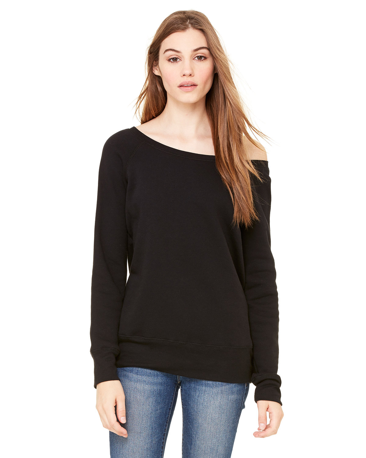 Bella + Canvas Ladies' Sponge Fleece Wide Neck Sweatshirt BLACK 