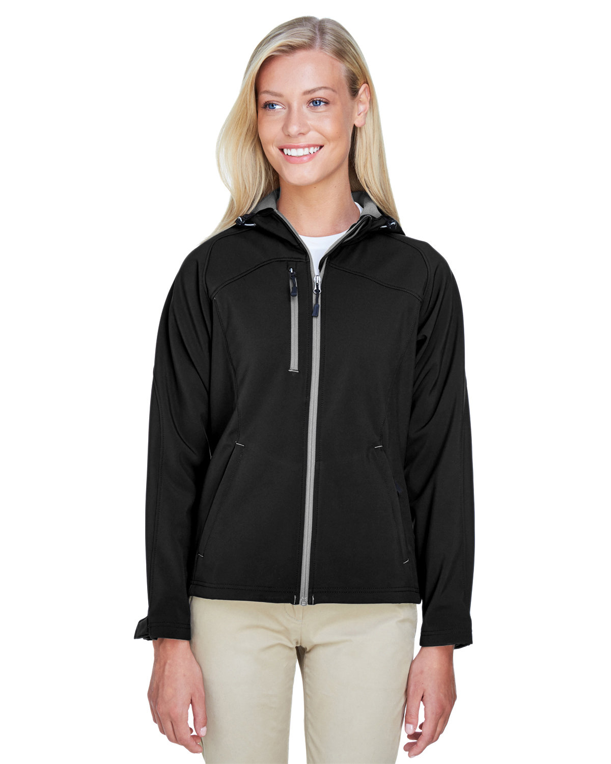 North End Ladies' Prospect Two-Layer Fleece Bonded Soft Shell Hooded Jacket BLACK 