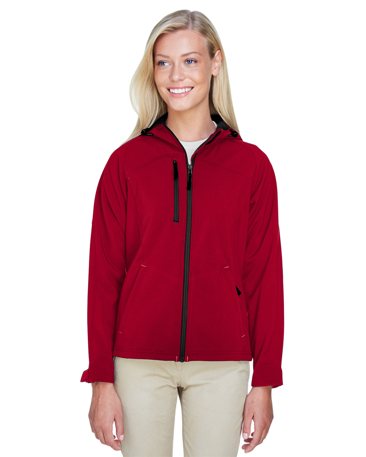 North End Ladies' Prospect Two-Layer Fleece Bonded Soft Shell Hooded Jacket MOLTEN RED 
