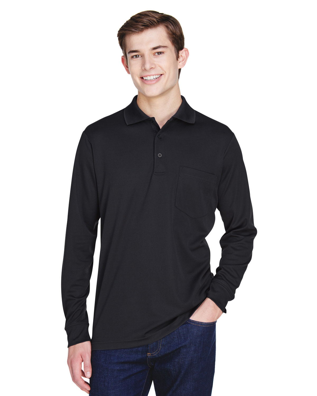 Core365 Adult Pinnacle Performance Long-Sleeve Piqué Polo with Pocket BLACK 