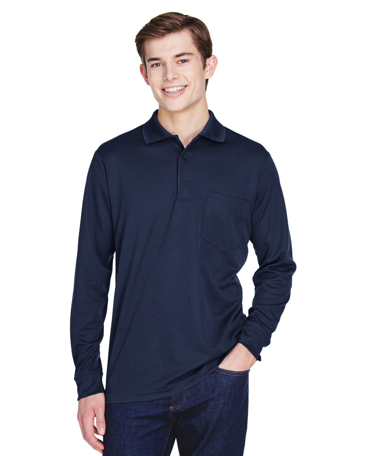 Core365 Adult Pinnacle Performance Long-Sleeve Piqué Polo with Pocket CLASSIC NAVY 
