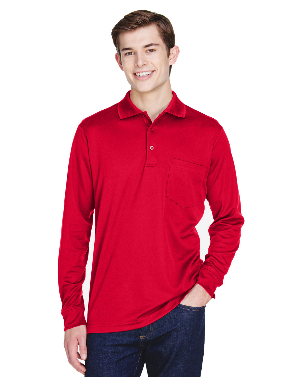 Core365 Adult Pinnacle Performance Long-Sleeve Piqué Polo with Pocket CLASSIC RED 