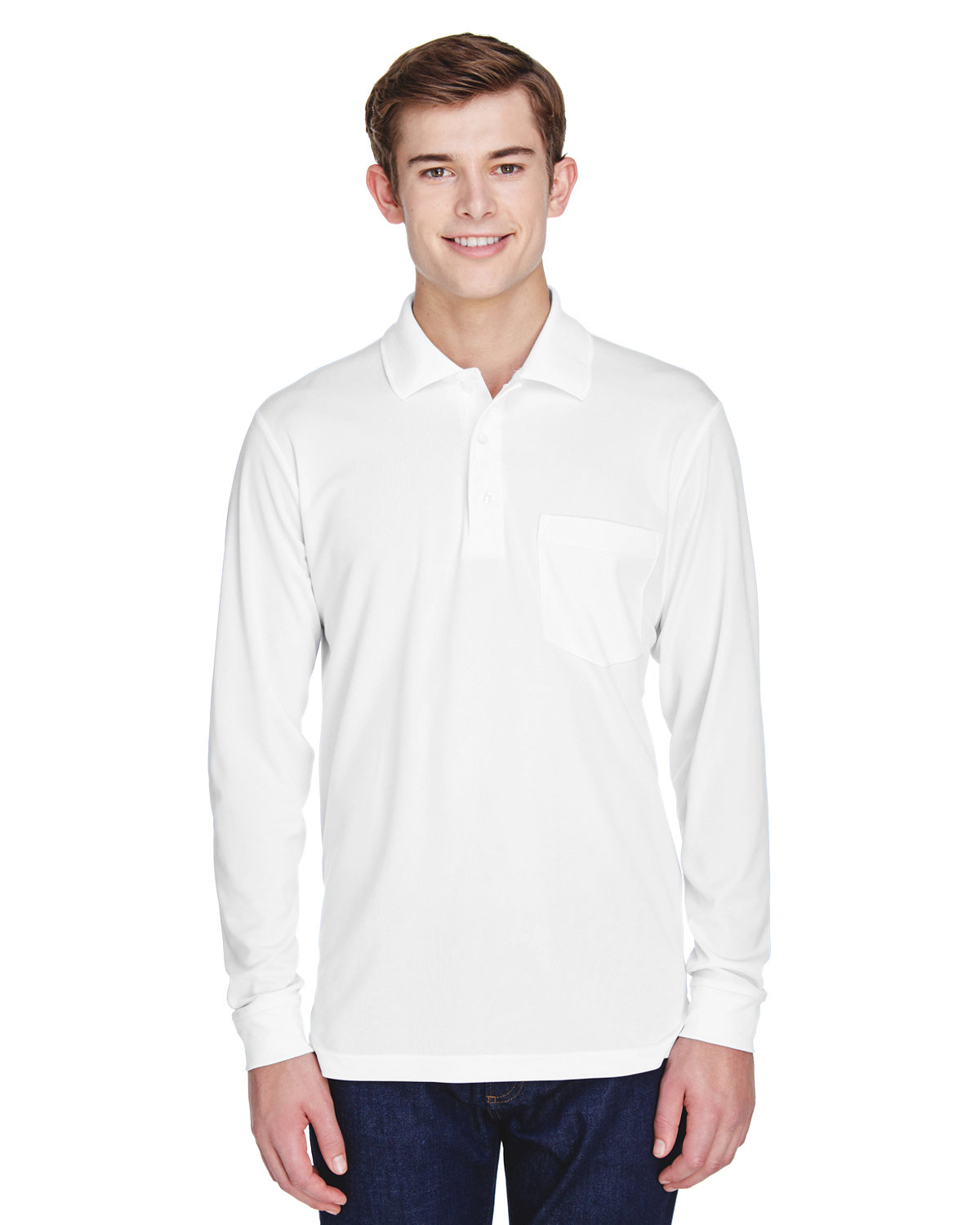 Core365 Adult Pinnacle Performance Long-Sleeve Piqué Polo with Pocket WHITE 