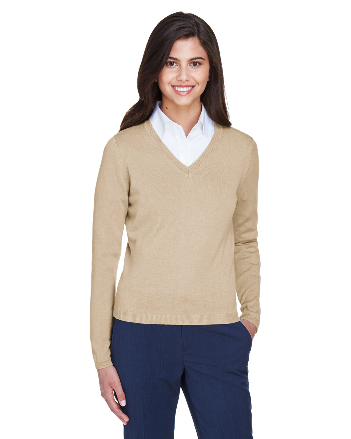Devon & Jones Ladies' V-Neck Sweater STONE 