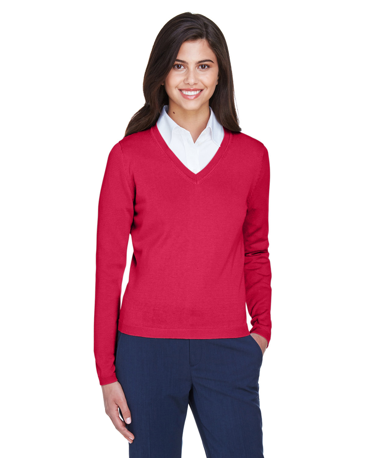 Devon & Jones Ladies' V-Neck Sweater RED 