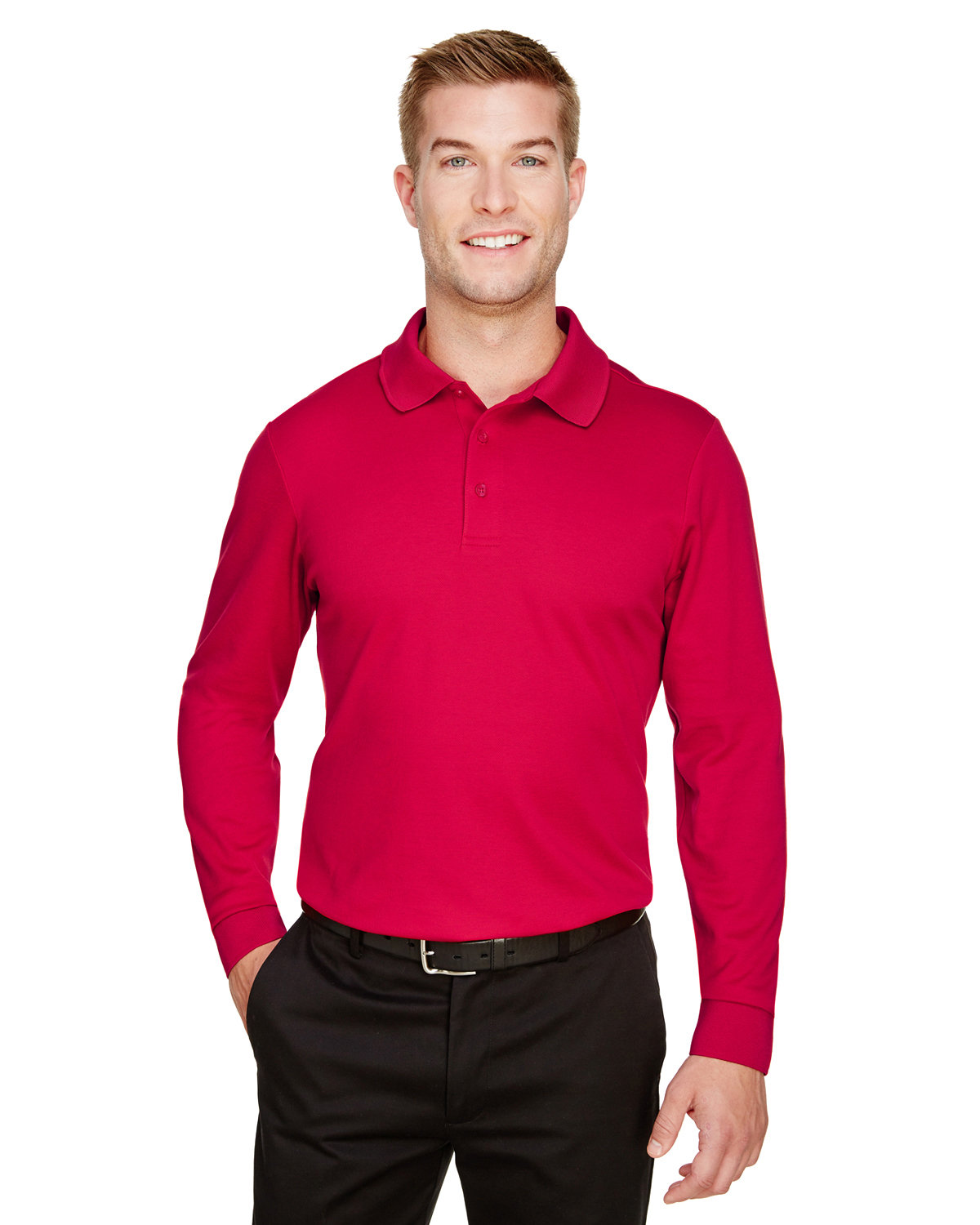 Devon & Jones CrownLux Performance™ Men's Plaited Long Sleeve Polo RED 