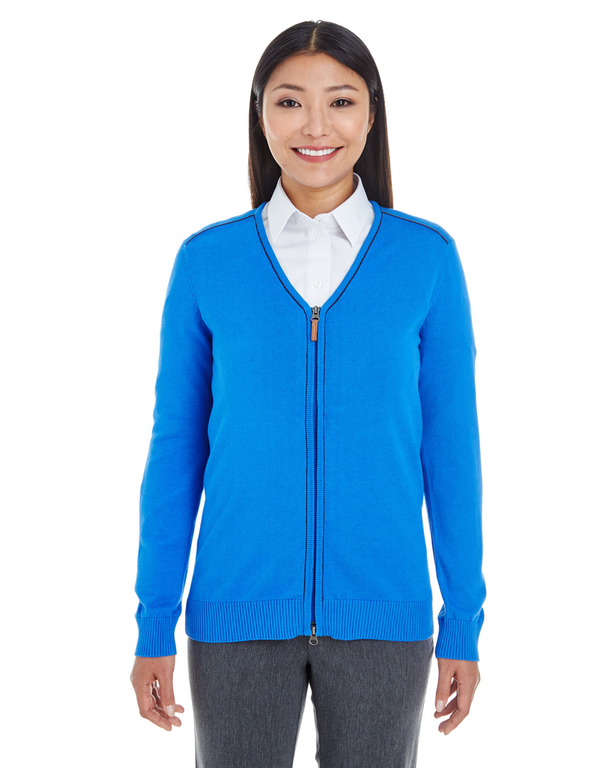 Devon & Jones Ladies' Manchester Fully-Fashioned Full-Zip Cardigan Sweater FRENCH BLUE/ NVY 