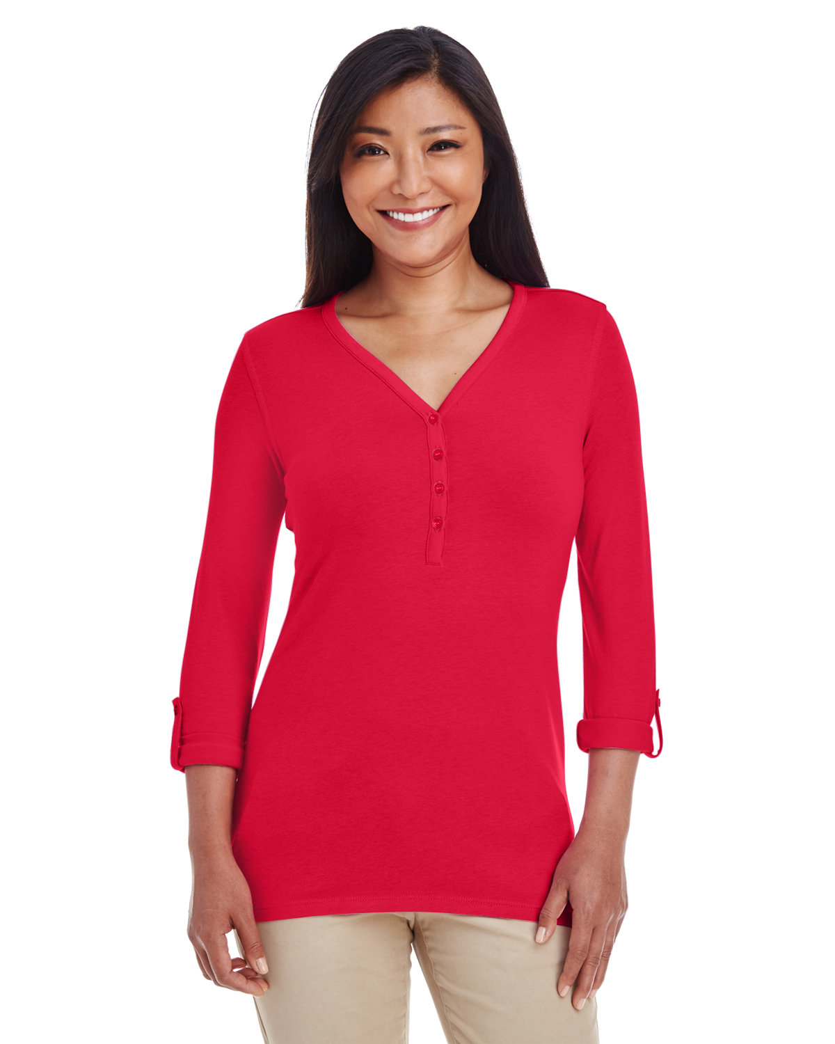 Devon & Jones Ladies' Perfect Fit™ Y-Placket Convertible Sleeve Knit Top RED 