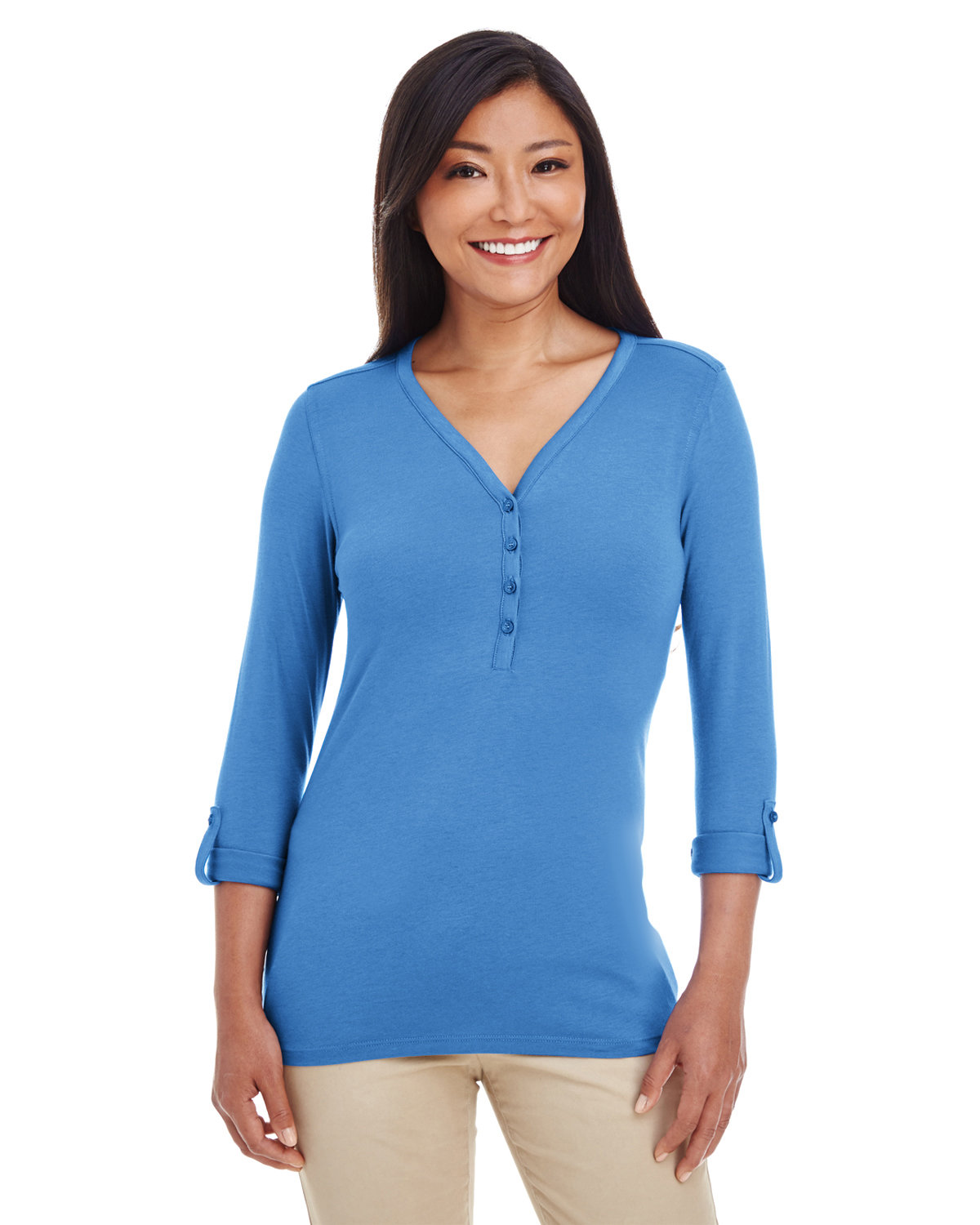 Devon & Jones Ladies' Perfect Fit™ Y-Placket Convertible Sleeve Knit Top FRENCH BLUE 