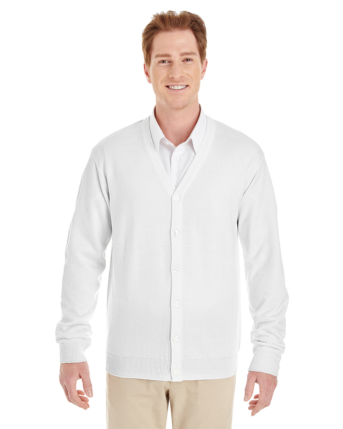 Harriton Men's Pilbloc™ V-Neck Button Cardigan Sweater WHITE 