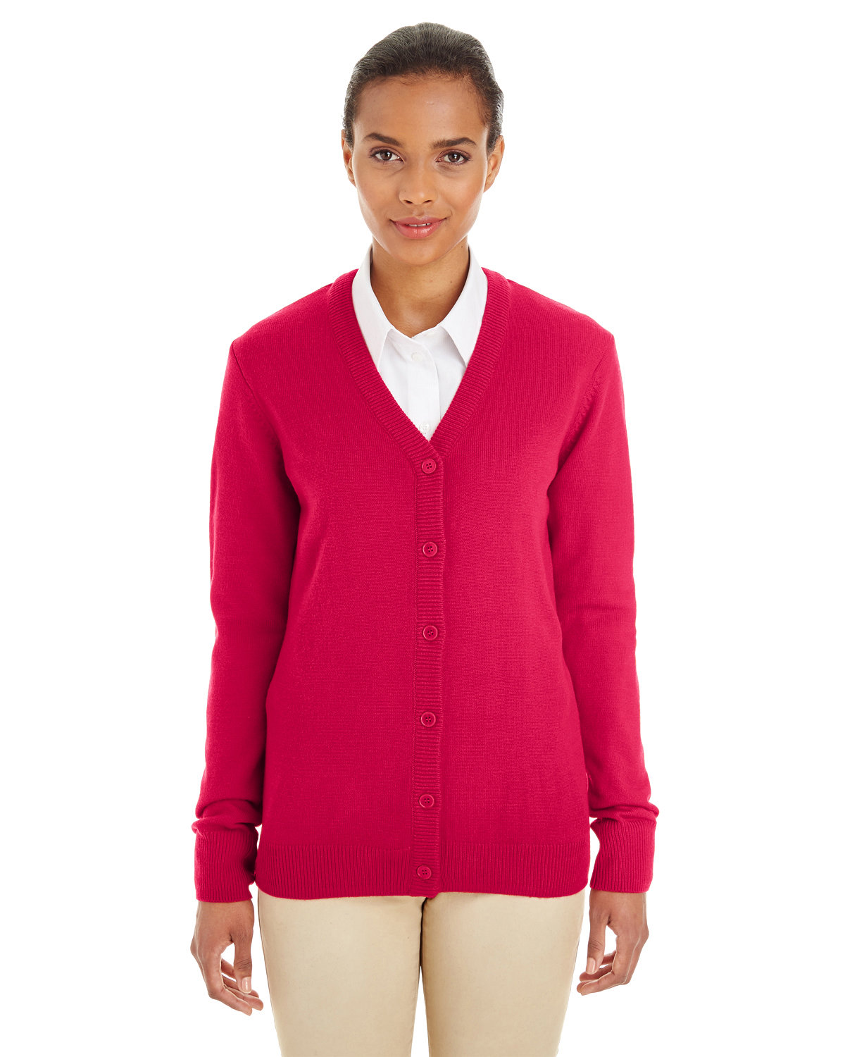 Harriton Ladies' Pilbloc™ V-Neck Button Cardigan Sweater RED 