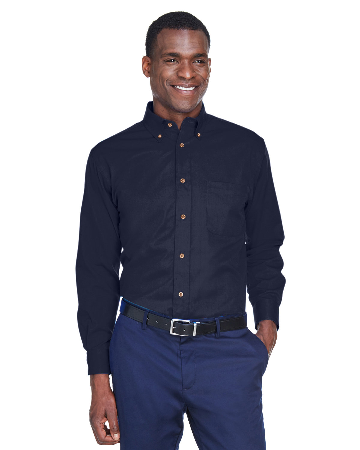 Harriton Men's Easy Blend™ Long-Sleeve Twill Shirt with Stain-Release NAVY 