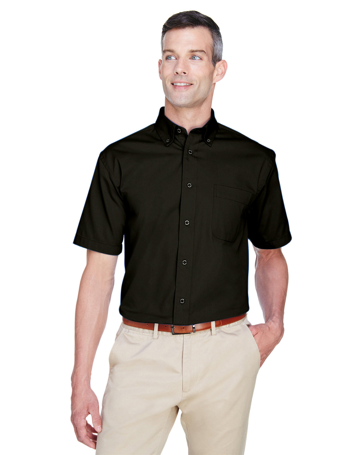Harriton Men's Easy Blend™ Short-Sleeve Twill Shirt with Stain-Release BLACK 