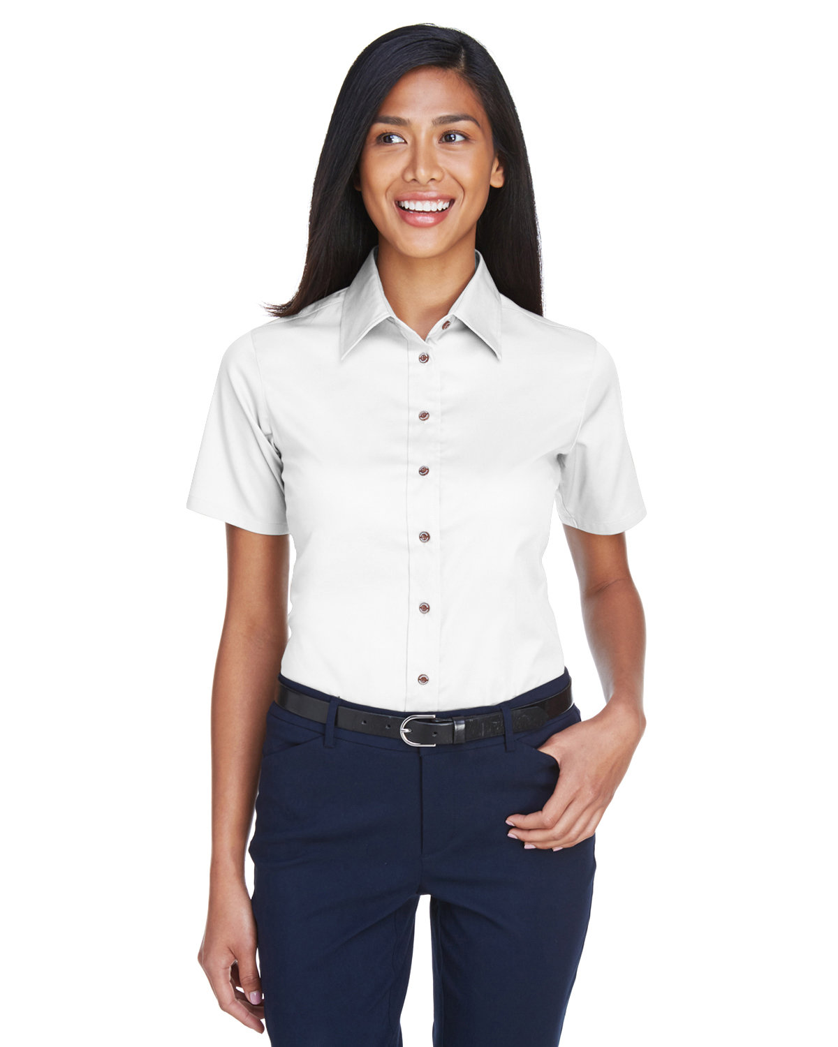 Harriton Ladies' Easy Blend™ Short-Sleeve Twill Shirt with Stain-Release WHITE 
