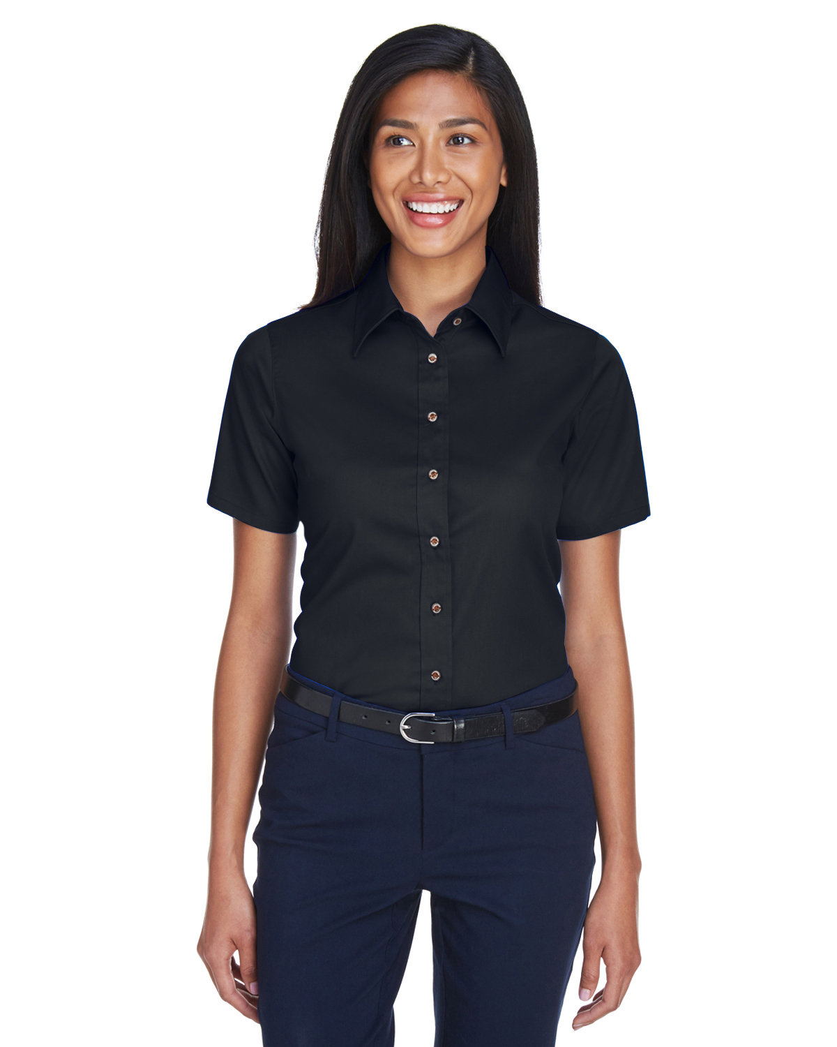 Harriton Ladies' Easy Blend™ Short-Sleeve Twill Shirt with Stain-Release BLACK 