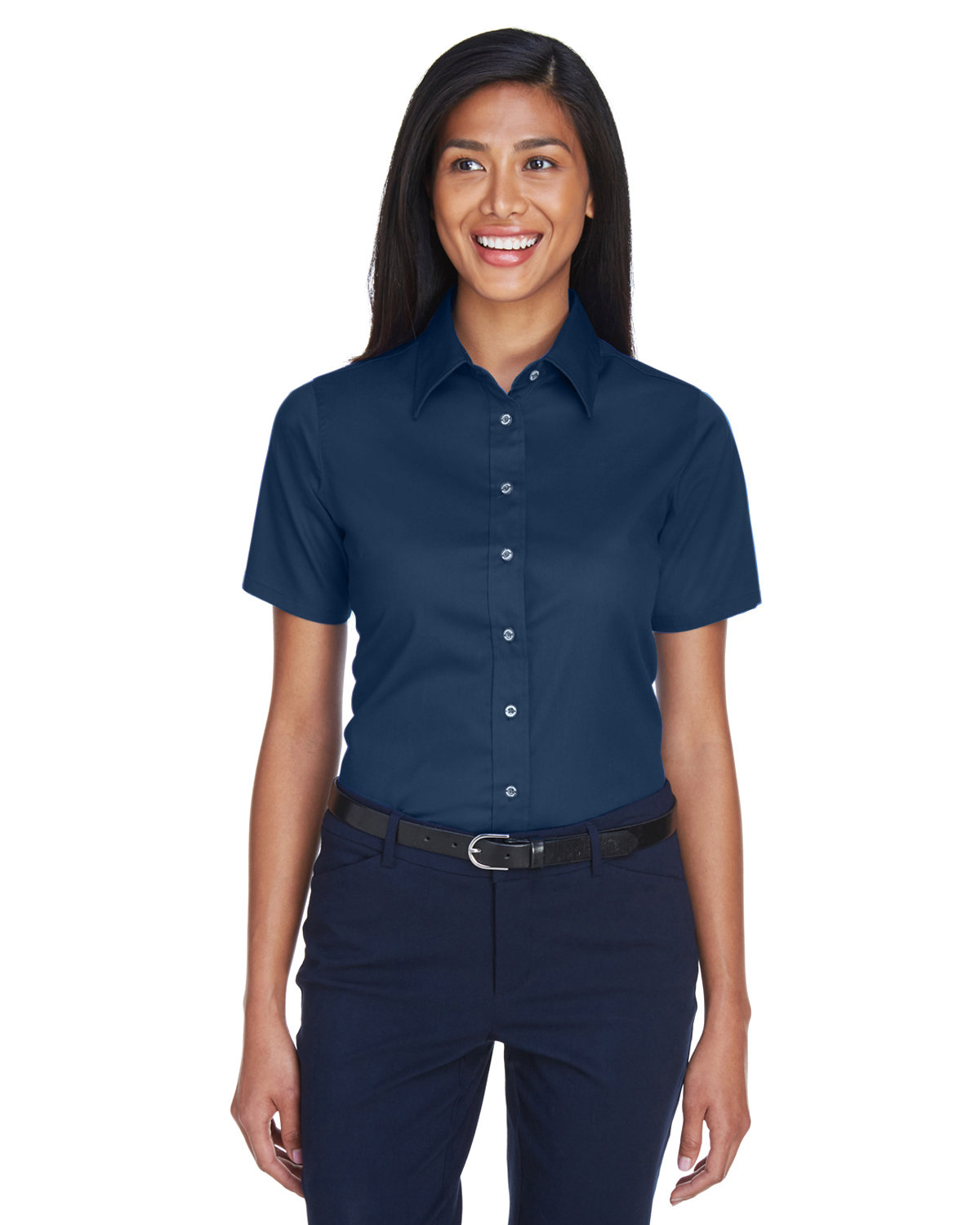 Harriton Ladies' Easy Blend™ Short-Sleeve Twill Shirt with Stain-Release NAVY 