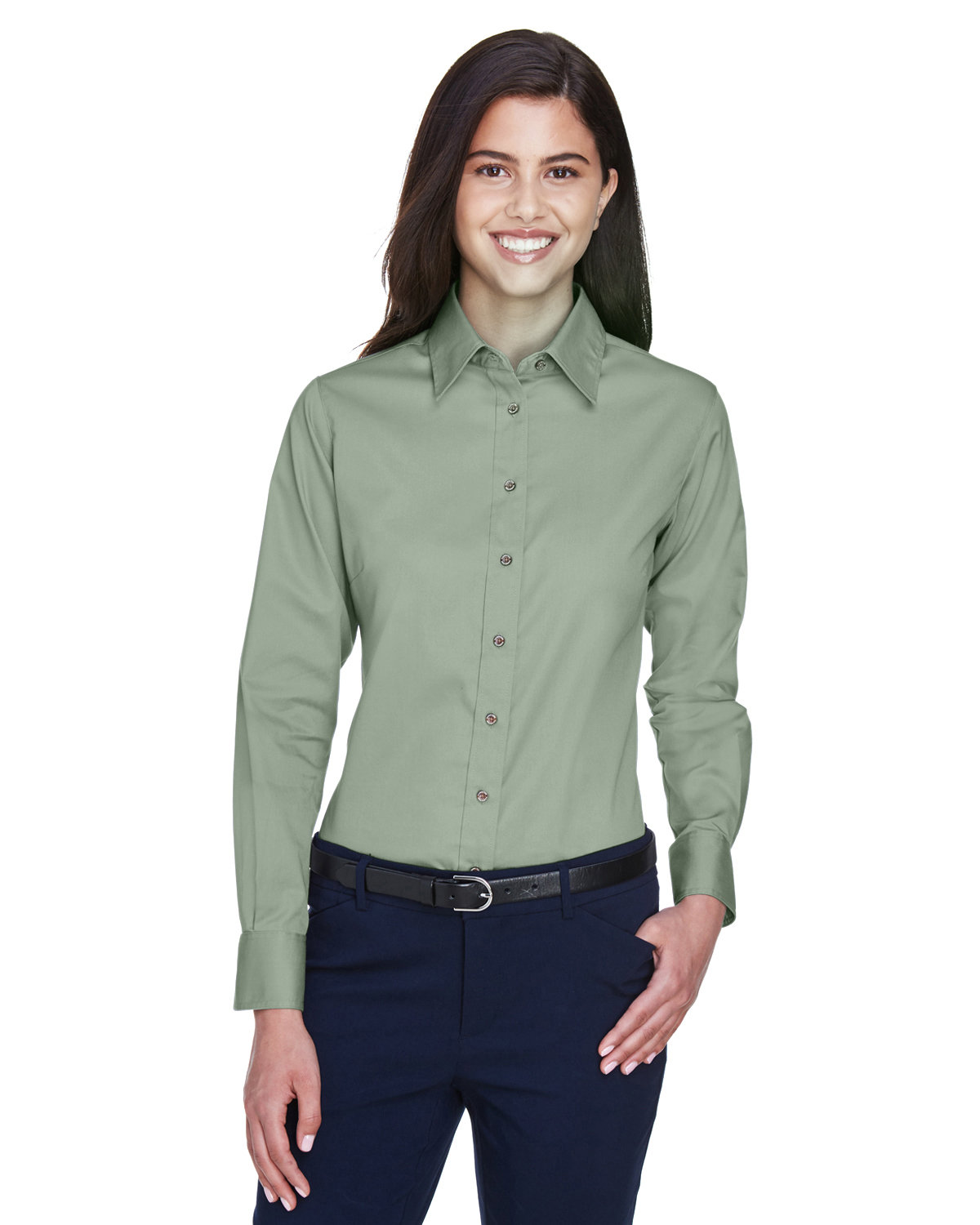 Harriton Ladies' Easy Blend™ Long-Sleeve Twill Shirt with Stain-Release DILL 