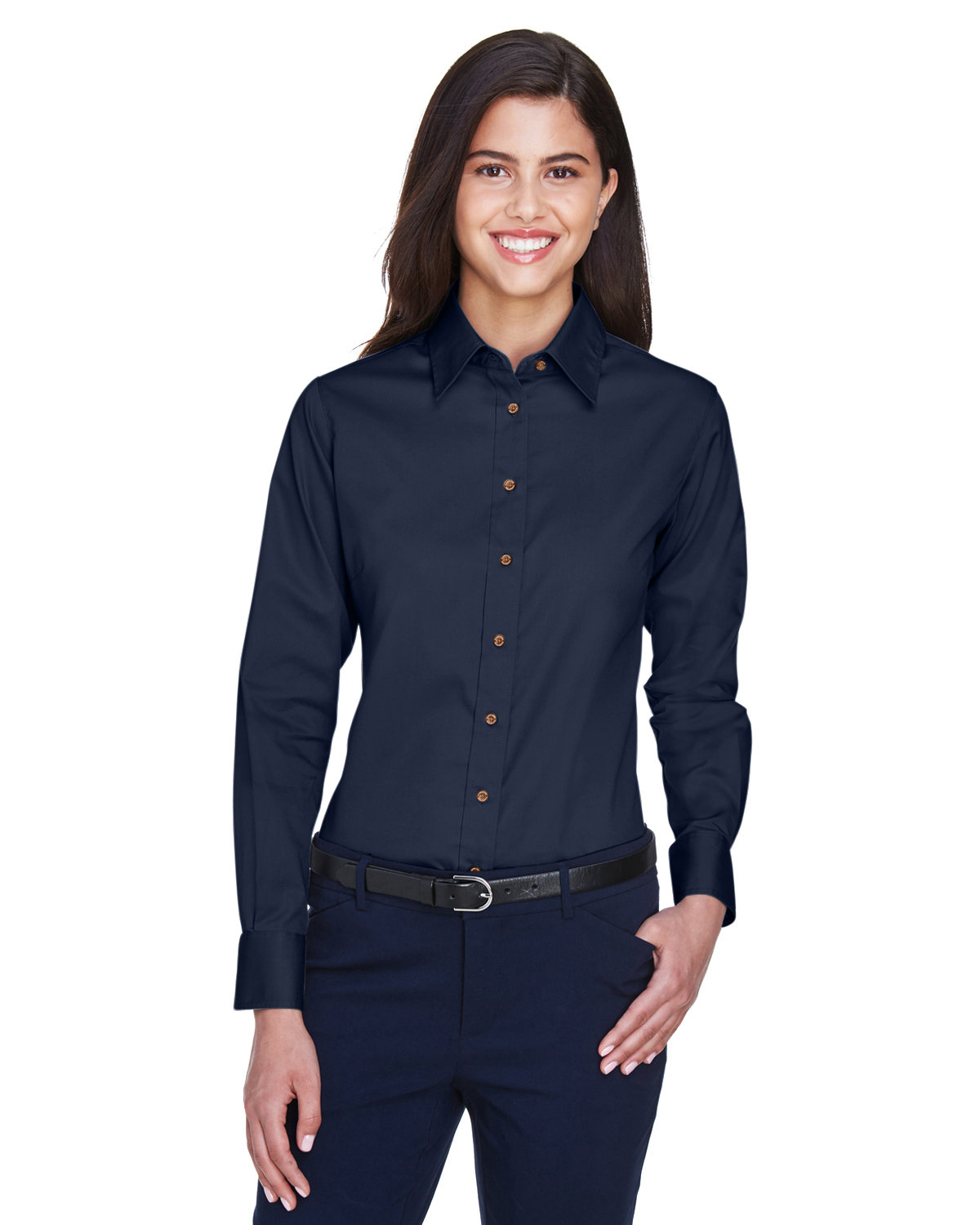 Harriton Ladies' Easy Blend™ Long-Sleeve Twill Shirt with Stain-Release NAVY 