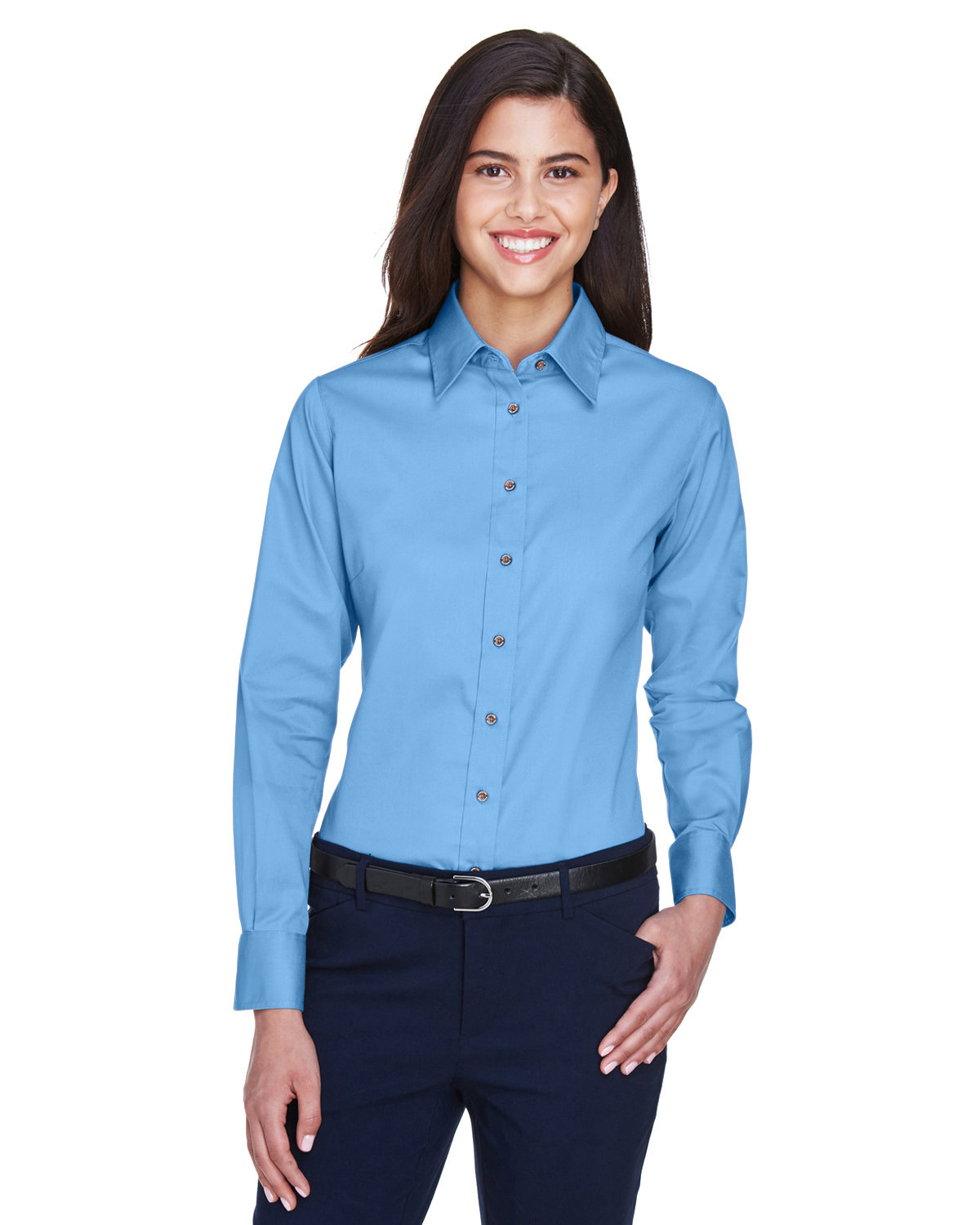 Harriton Ladies' Easy Blend™ Long-Sleeve Twill Shirt with Stain-Release LT COLLEGE BLUE 