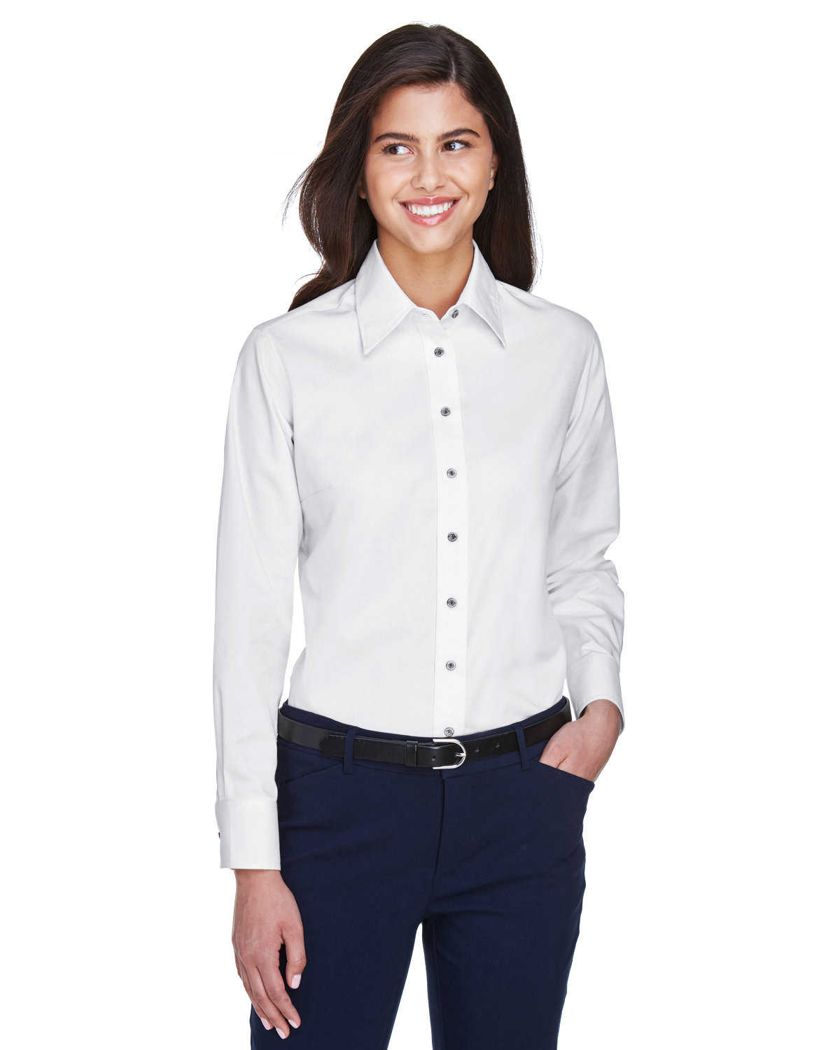Harriton Ladies' Easy Blend™ Long-Sleeve Twill Shirt with Stain-Release WHITE 