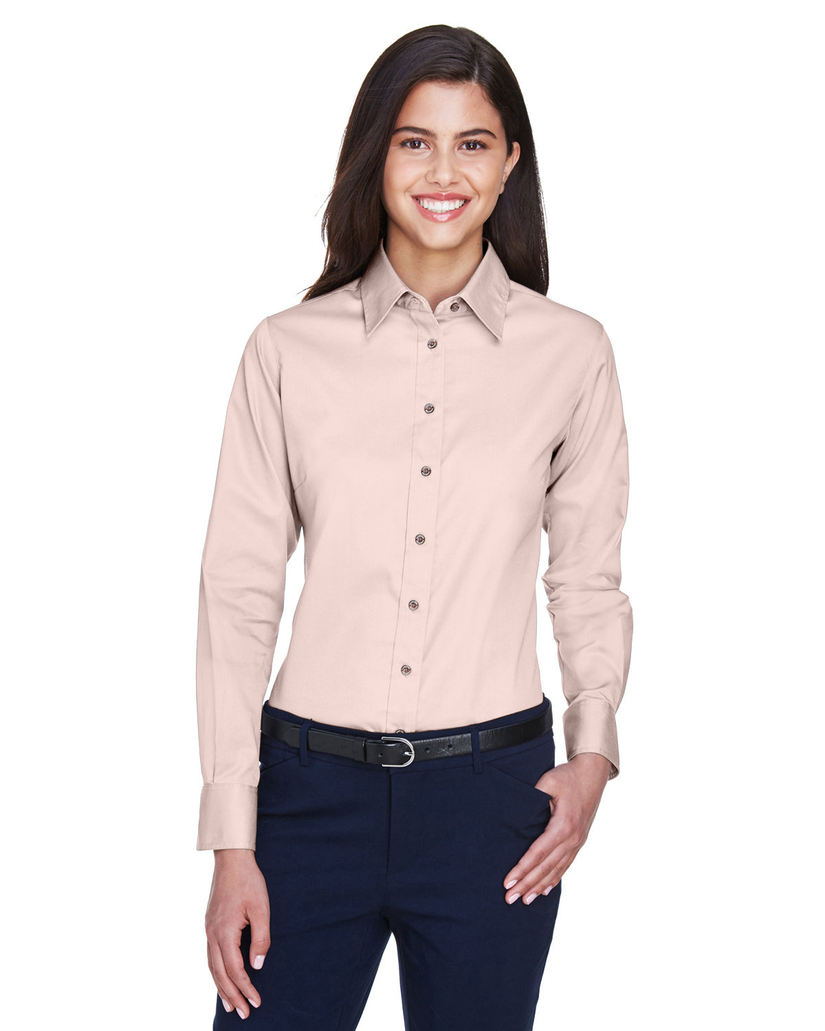 Harriton Ladies' Easy Blend™ Long-Sleeve Twill Shirt with Stain-Release BLUSH 