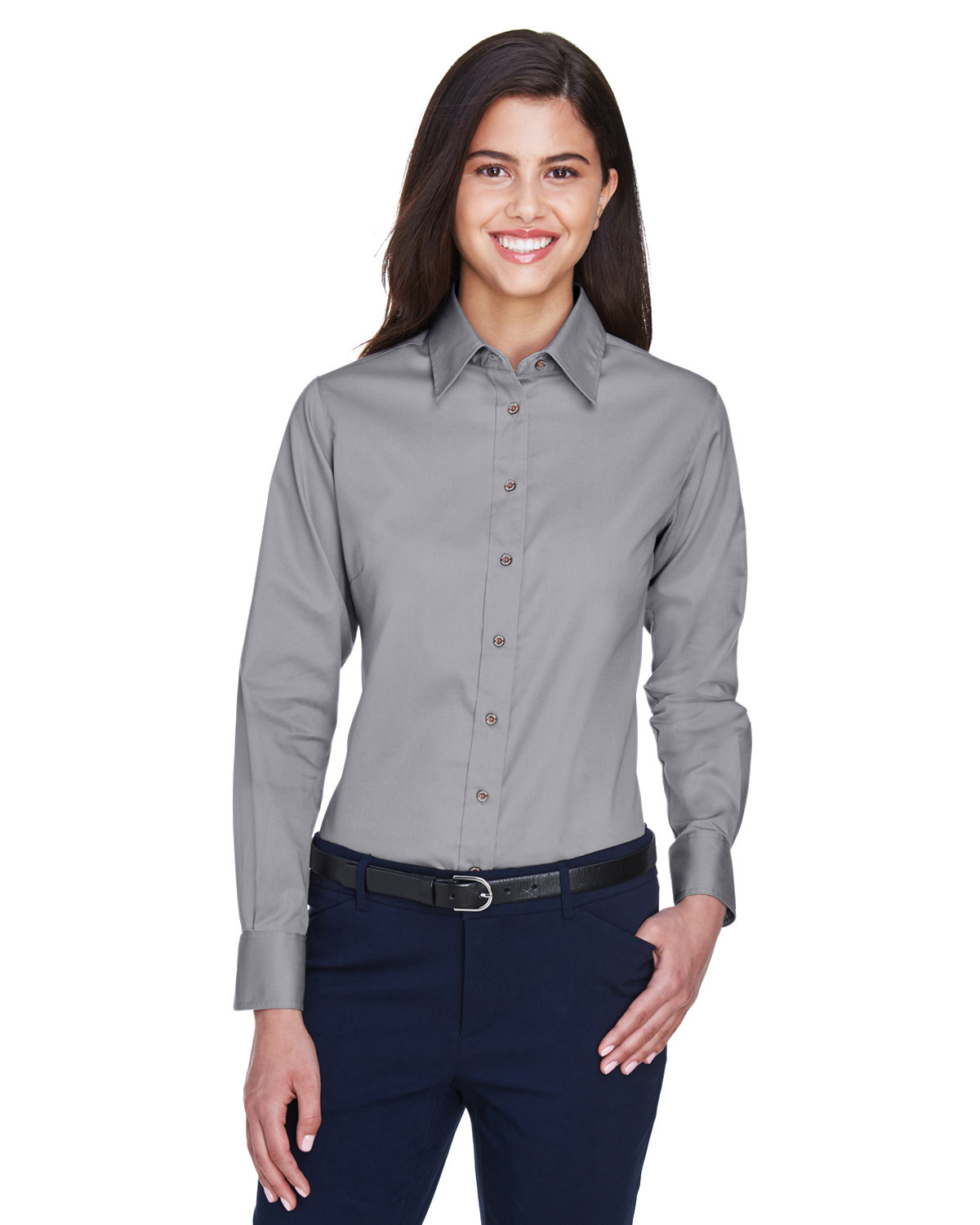 Harriton Ladies' Easy Blend™ Long-Sleeve Twill Shirt with Stain-Release DARK GREY 