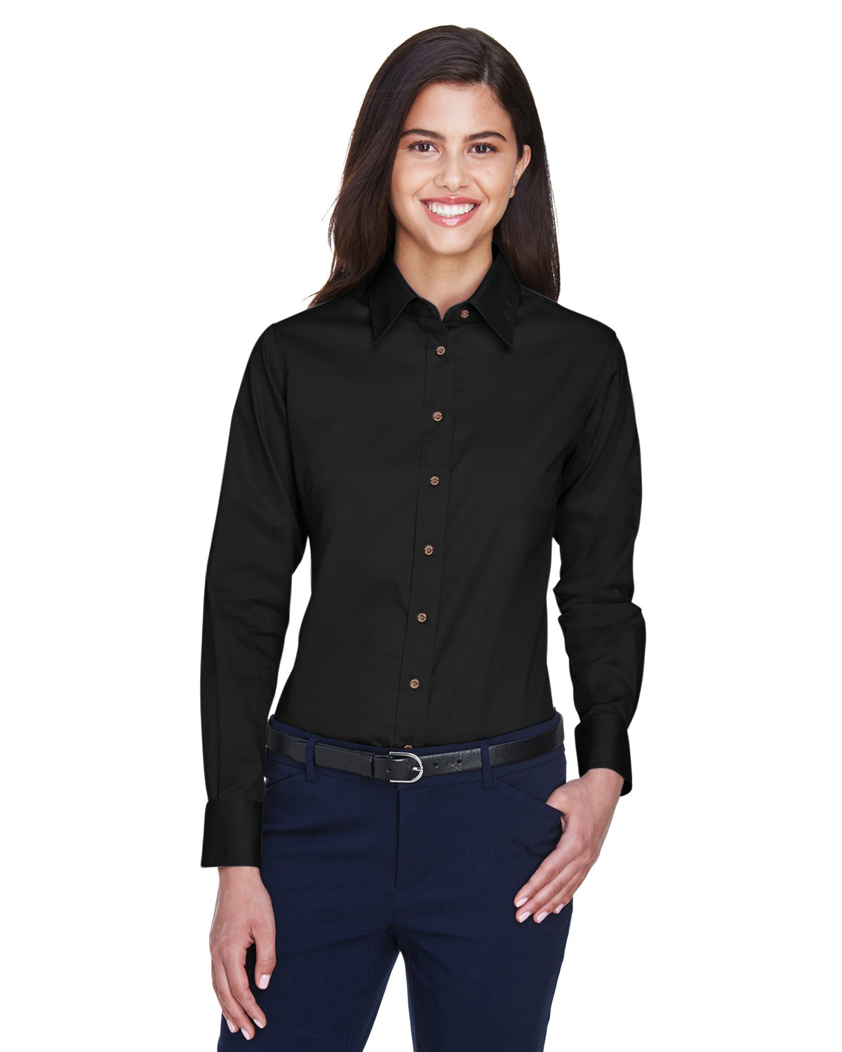 Harriton Ladies' Easy Blend™ Long-Sleeve Twill Shirt with Stain-Release BLACK 