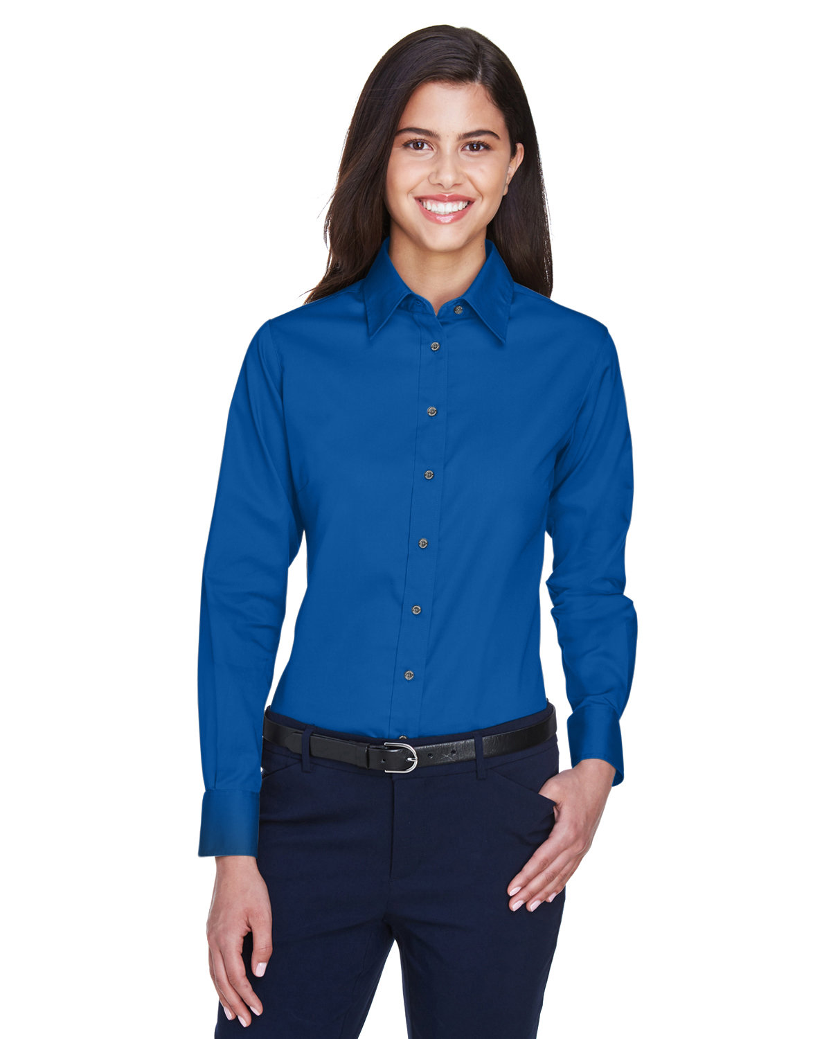 Harriton Ladies' Easy Blend™ Long-Sleeve Twill Shirt with Stain-Release FRENCH BLUE 