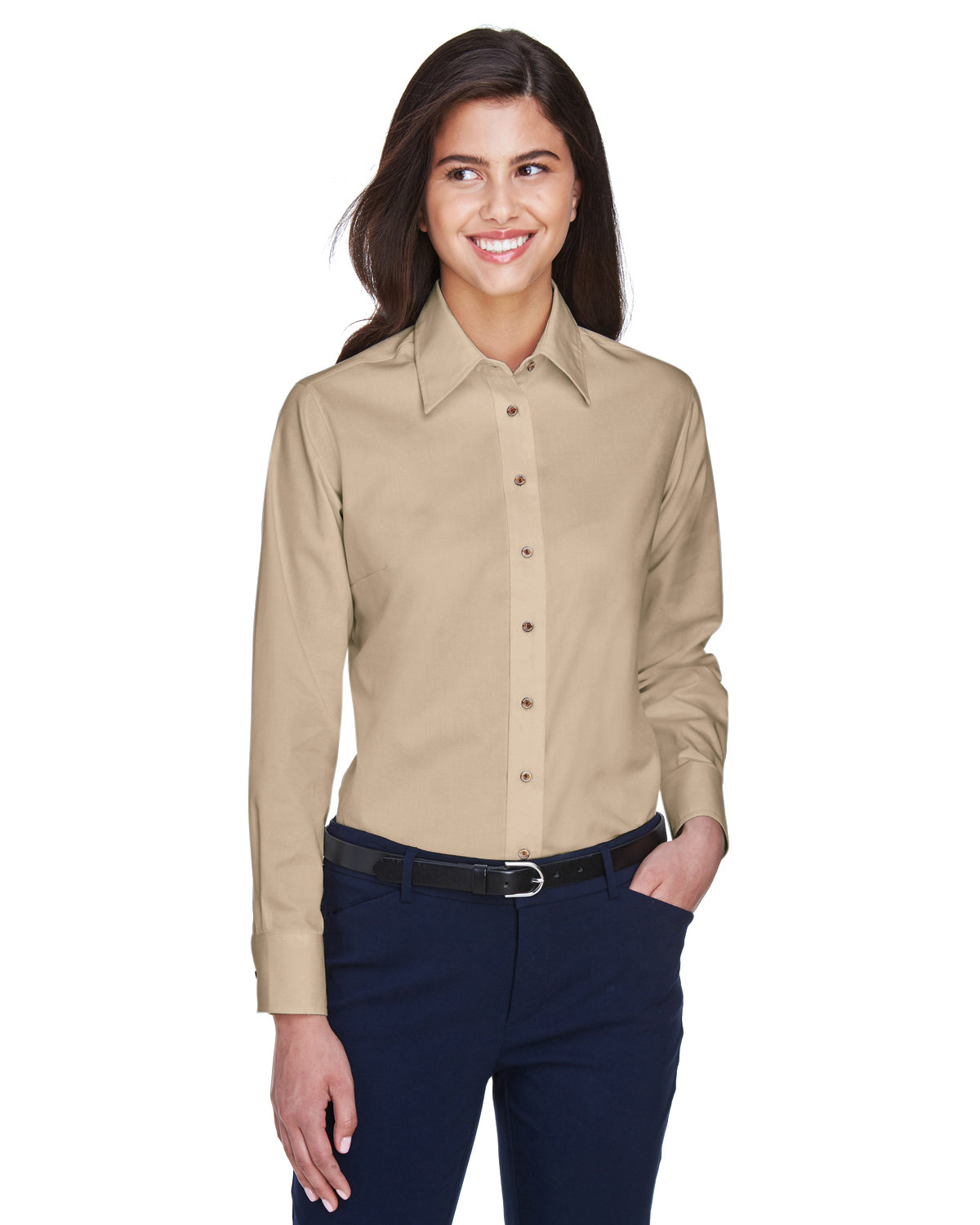 Harriton Ladies' Easy Blend™ Long-Sleeve Twill Shirt with Stain-Release STONE 