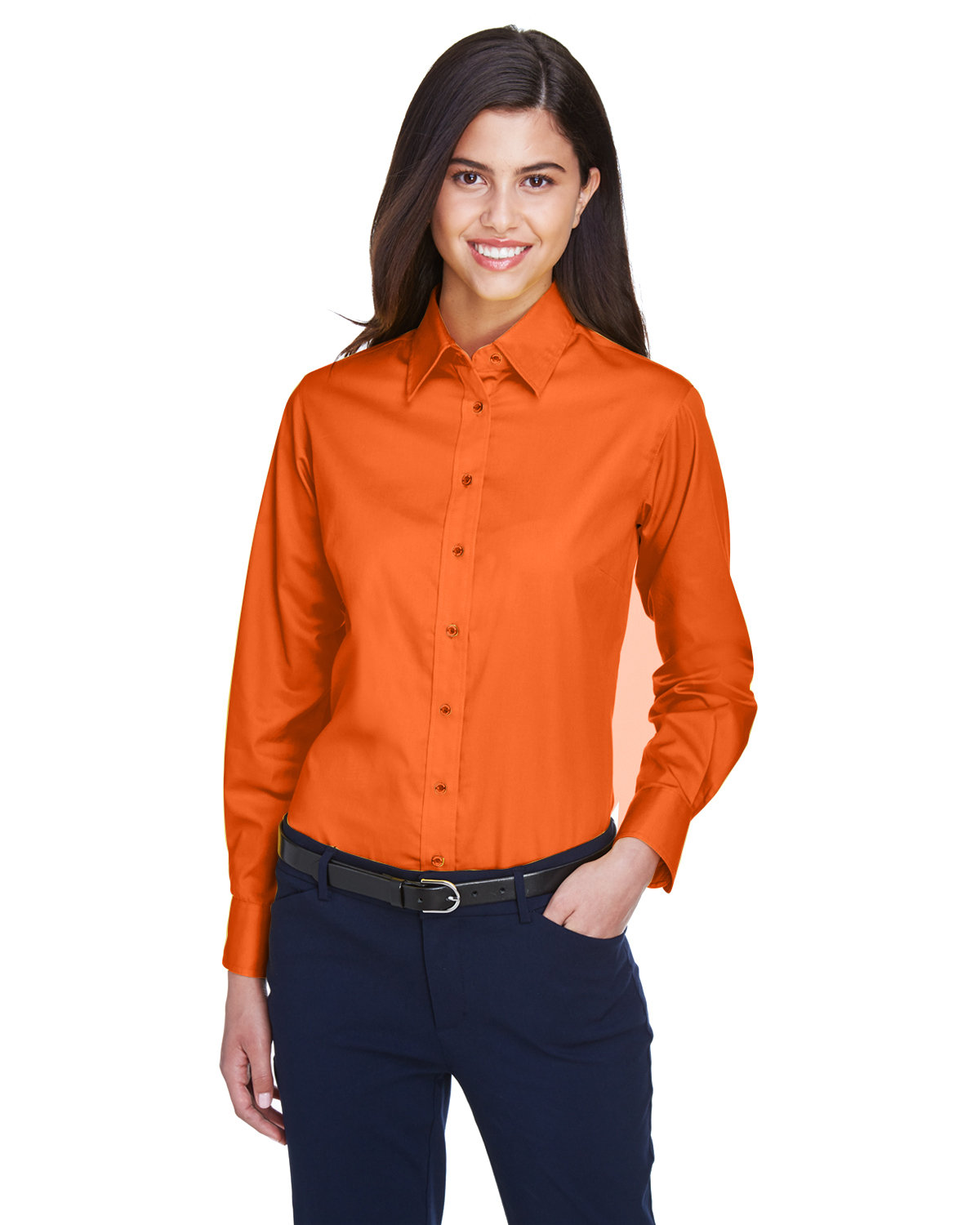 Harriton Ladies' Easy Blend™ Long-Sleeve Twill Shirt with Stain-Release TEAM ORANGE 