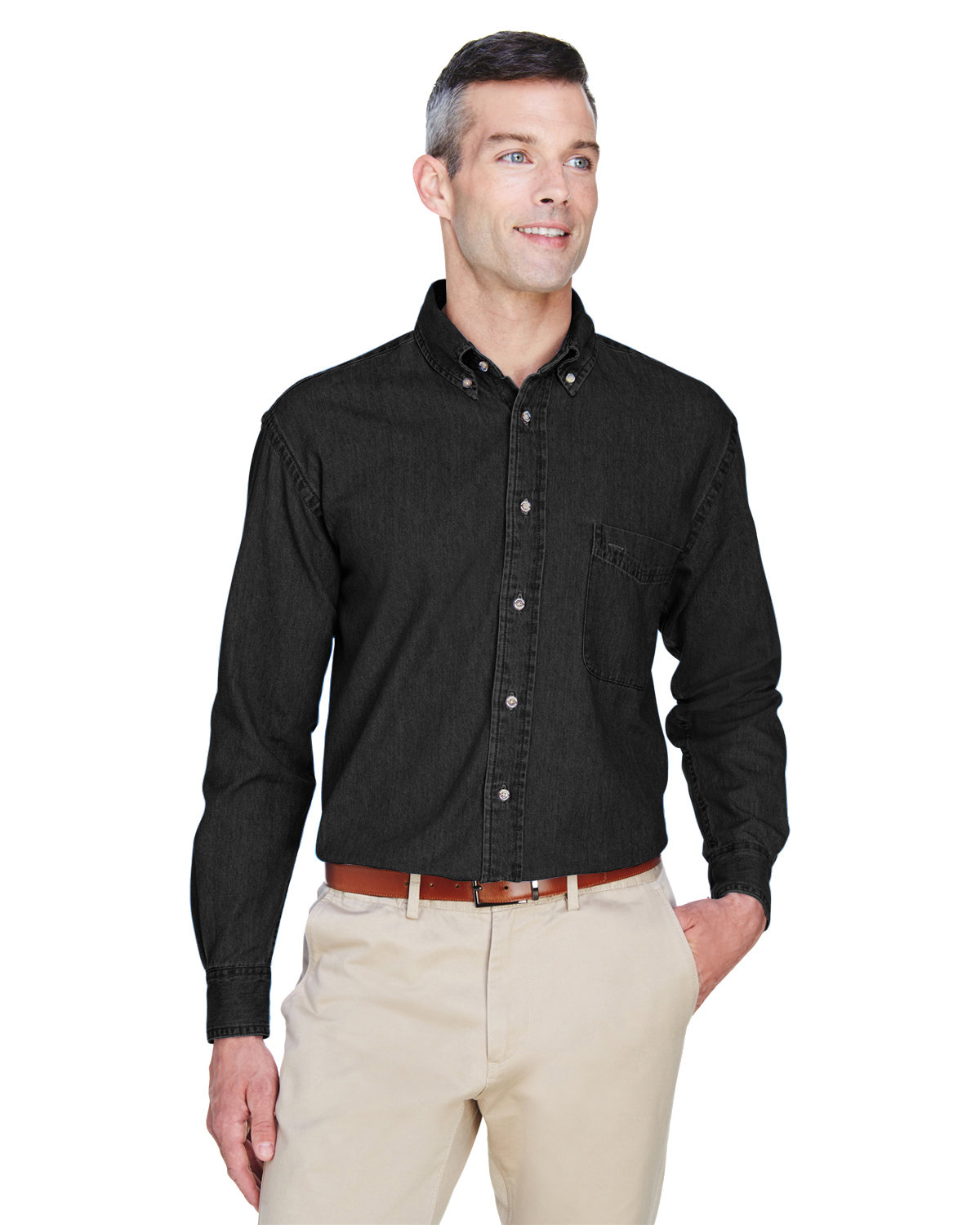 Harriton Men's Tall 6.5 oz. Long-Sleeve Denim Shirt WASHED BLACK 