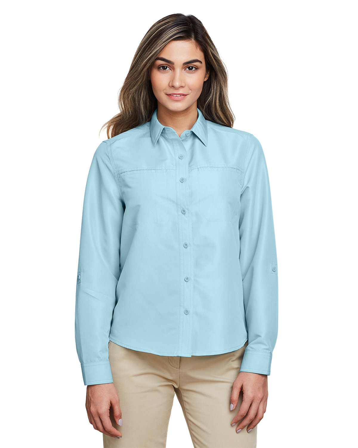 Harriton Ladies' Key West Long-Sleeve Performance Staff Shirt CLOUD BLUE 