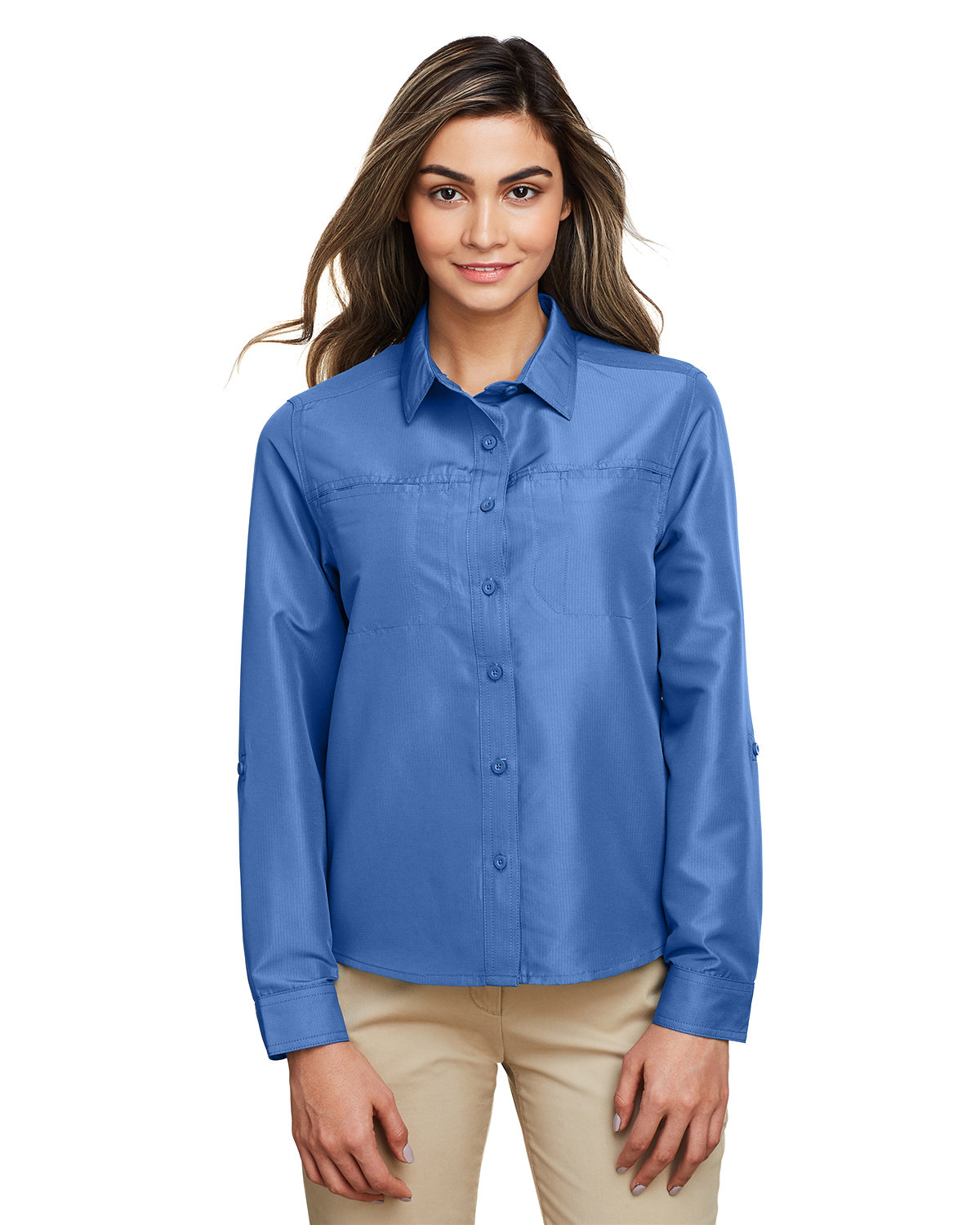 Harriton Ladies' Key West Long-Sleeve Performance Staff Shirt POOL BLUE 