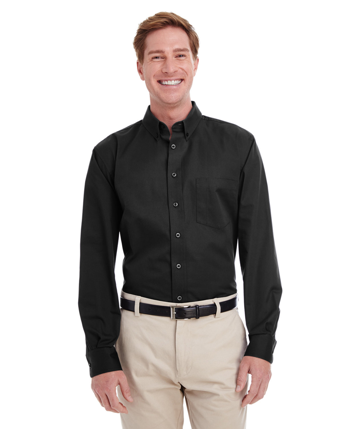 Harriton Men's Foundation 100% Cotton Long-Sleeve Twill Shirt with Teflon™ BLACK 