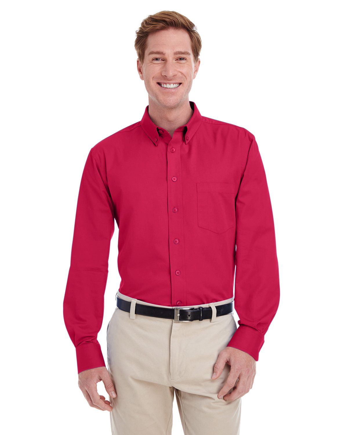 Harriton Men's Foundation 100% Cotton Long-Sleeve Twill Shirt with Teflon™ RED 