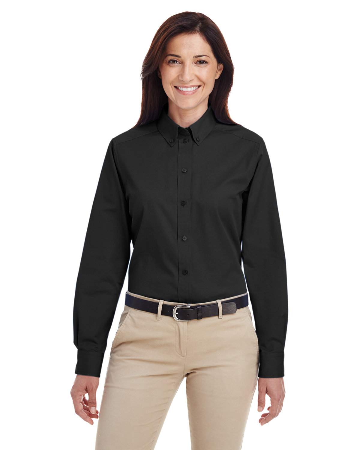 Harriton Ladies' Foundation 100% Cotton Long-Sleeve Twill Shirt with Teflon™ BLACK 