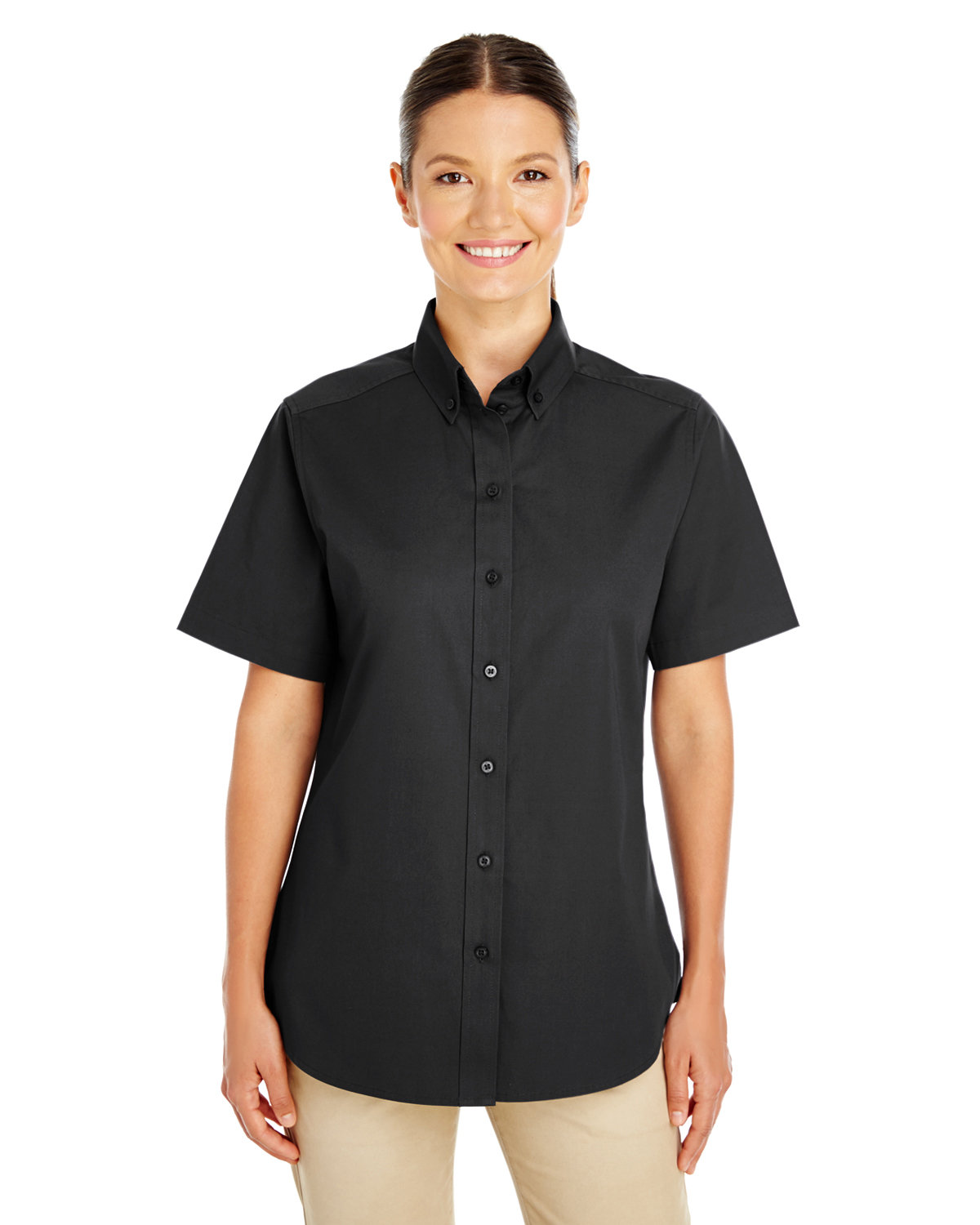 Harriton Ladies' Foundation 100% Cotton Short-Sleeve Twill Shirt with Teflon™ BLACK 