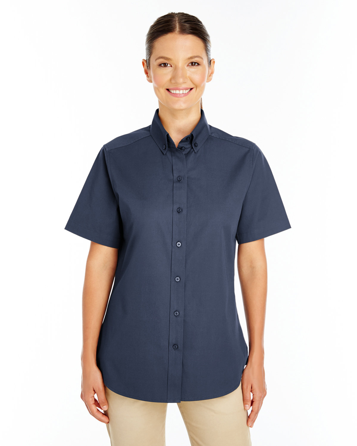 Harriton Ladies' Foundation 100% Cotton Short-Sleeve Twill Shirt with Teflon™ DARK NAVY 