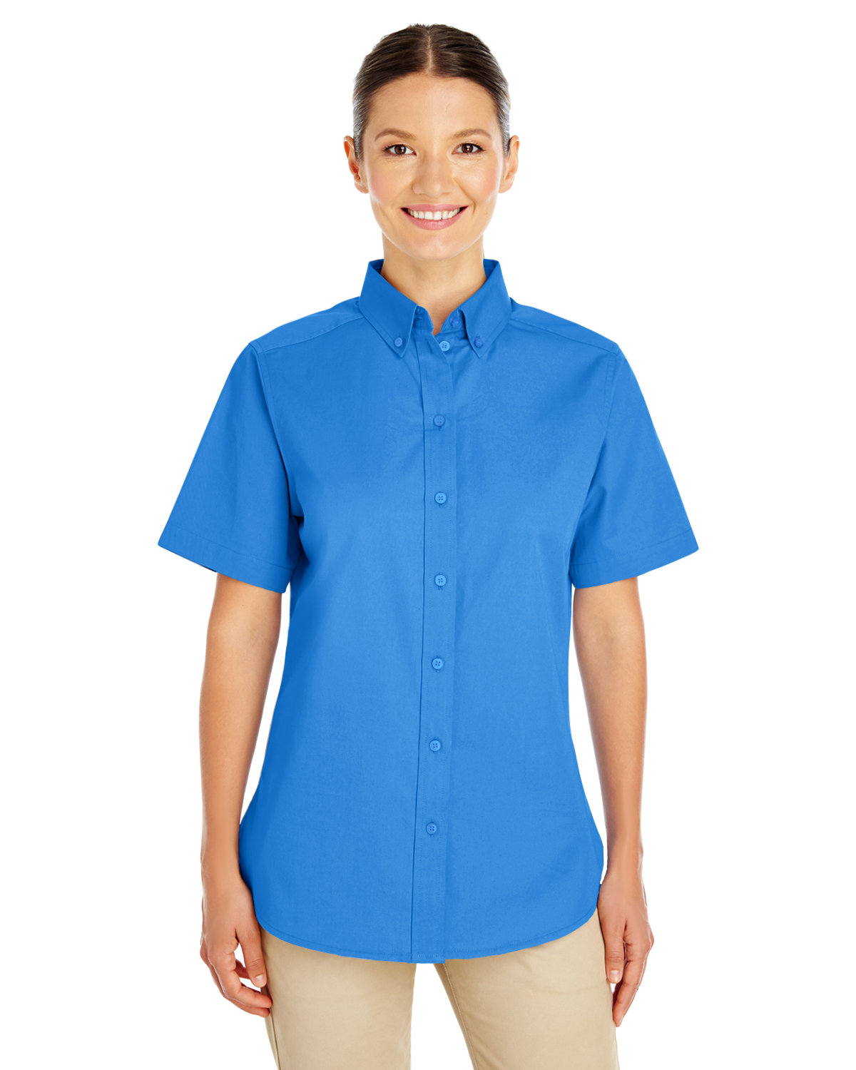 Harriton Ladies' Foundation 100% Cotton Short-Sleeve Twill Shirt with Teflon™ FRENCH BLUE 