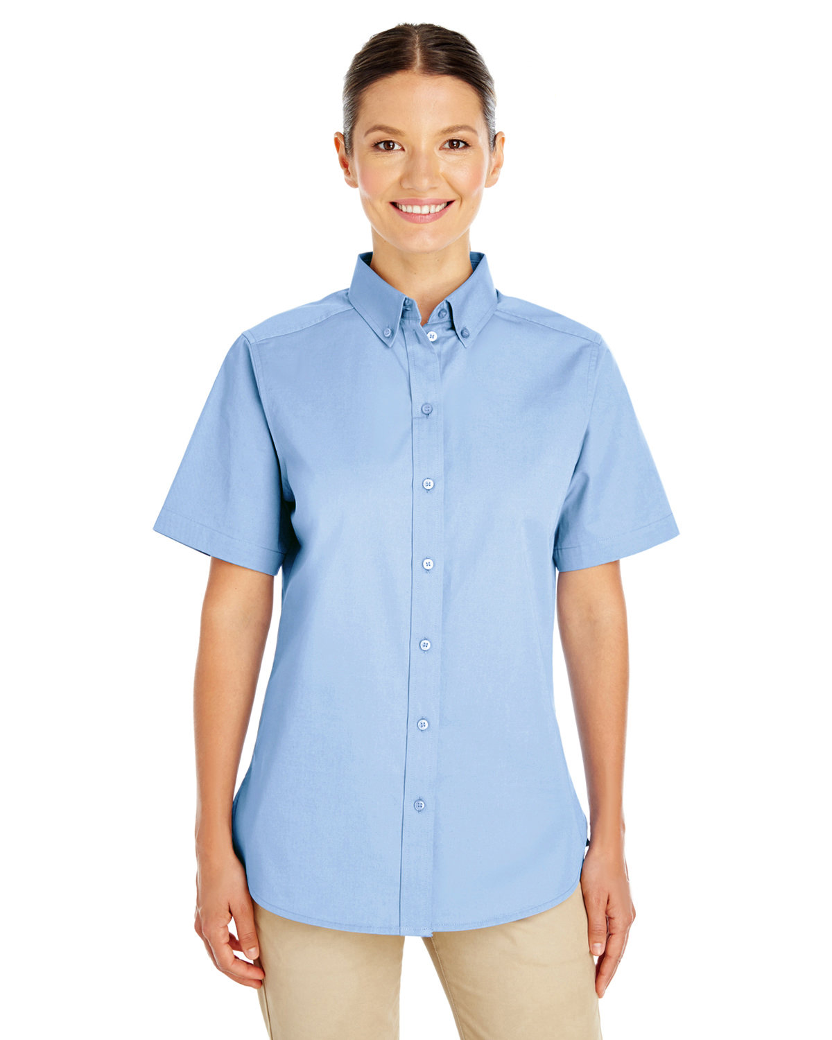 Harriton Ladies' Foundation 100% Cotton Short-Sleeve Twill Shirt with Teflon™ INDUSTRY BLUE 