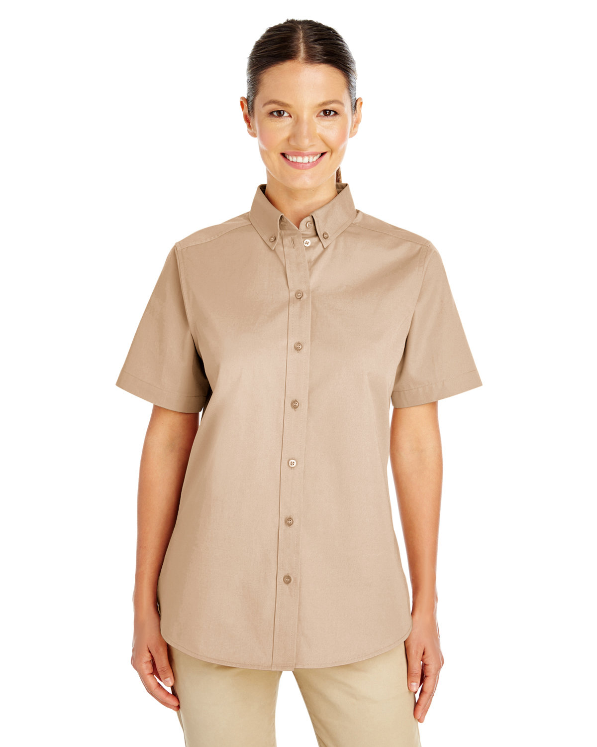 Harriton Ladies' Foundation 100% Cotton Short-Sleeve Twill Shirt with Teflon™ KHAKI 
