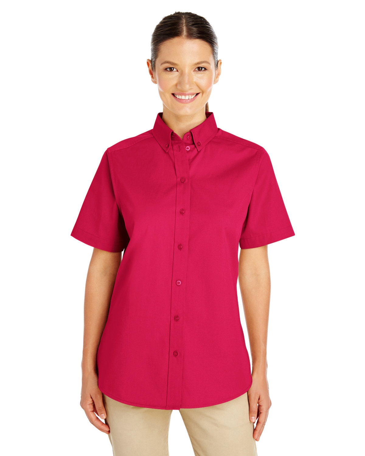 Harriton Ladies' Foundation 100% Cotton Short-Sleeve Twill Shirt with Teflon™ RED 