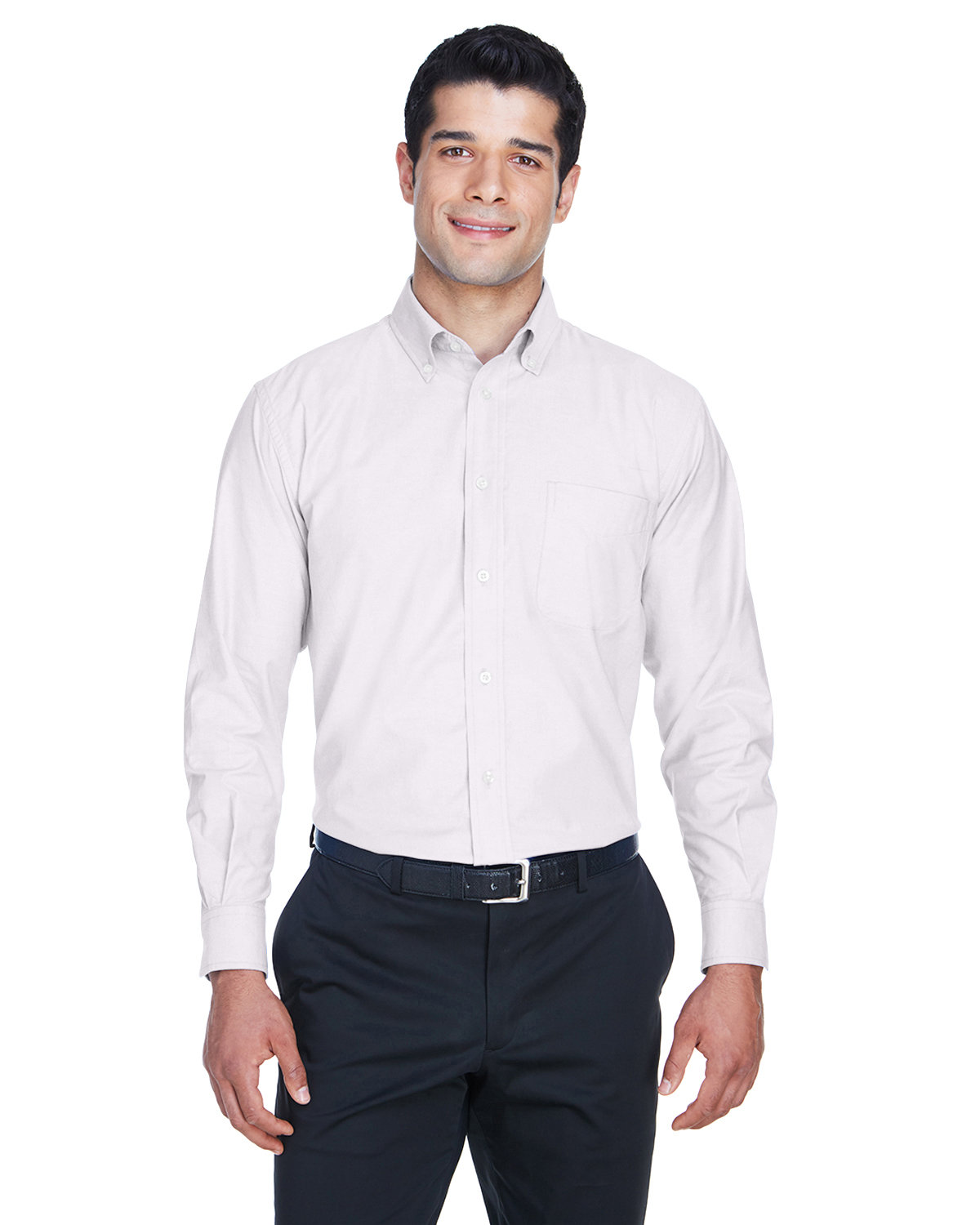 Harriton Men's Long-Sleeve Oxford with Stain-Release WHITE 