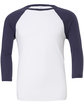 Bella + Canvas Unisex Three-Quarter Sleeve Baseball T-Shirt WHITE/ NAVY FlatFront